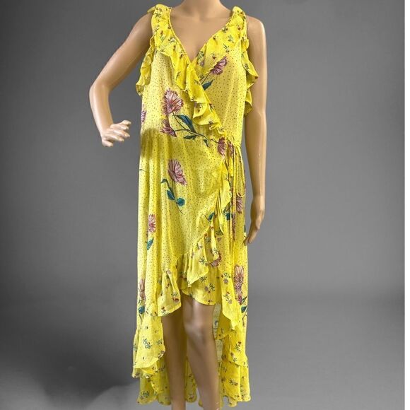 XHILARATION : XL Sleeveless ruffle Surplice neck Faux wrap Hi-low yellow floral - Picture 2 of 7
